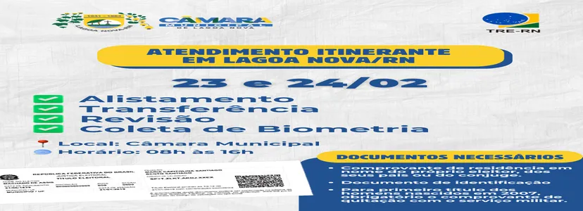 TRE-RN realiza atendimento itinerante na Câmara Municipal de Lagoa Nova nos dias 23 e 24 de fevereiro