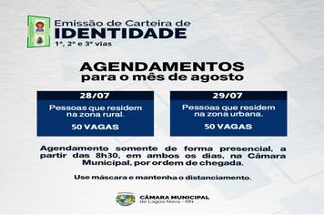 Agendamentos para emissão de Carteira de Identidades serão abertos.