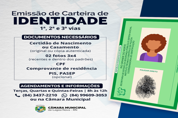 Câmara Municipal de Lagoa Nova passa a emitir carteiras de identidade.