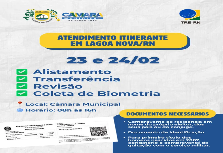  Atendimento itinerante na Câmara Municipal de Lagoa Nova nos dias 23 e 24 de fevereiro