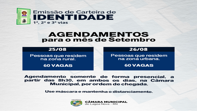 Estão abertos os agendamentos para emissão de Carteira de Identidade.